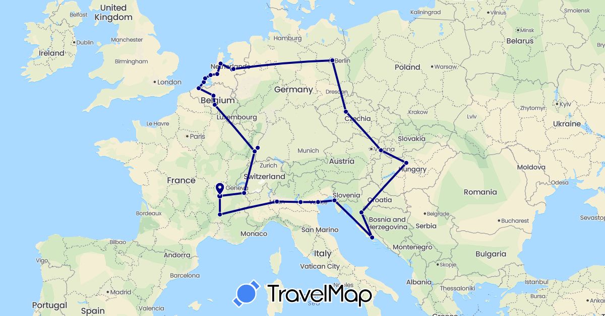 TravelMap itinerary: driving in Belgium, Czech Republic, Germany, France, Croatia, Hungary, Italy, Netherlands, Slovenia, Slovakia (Europe)